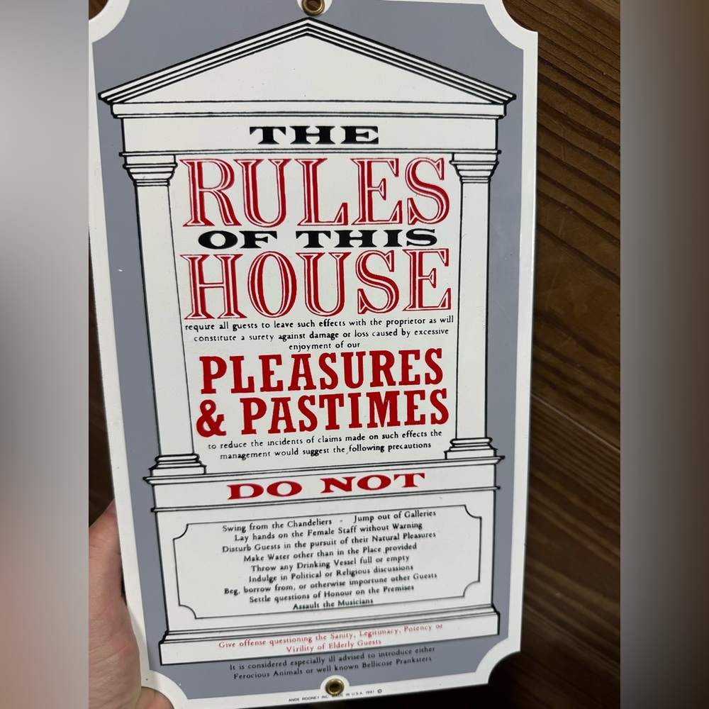 vintage antique metal porcelain sign.  Rules of the house.  Mancave, garage